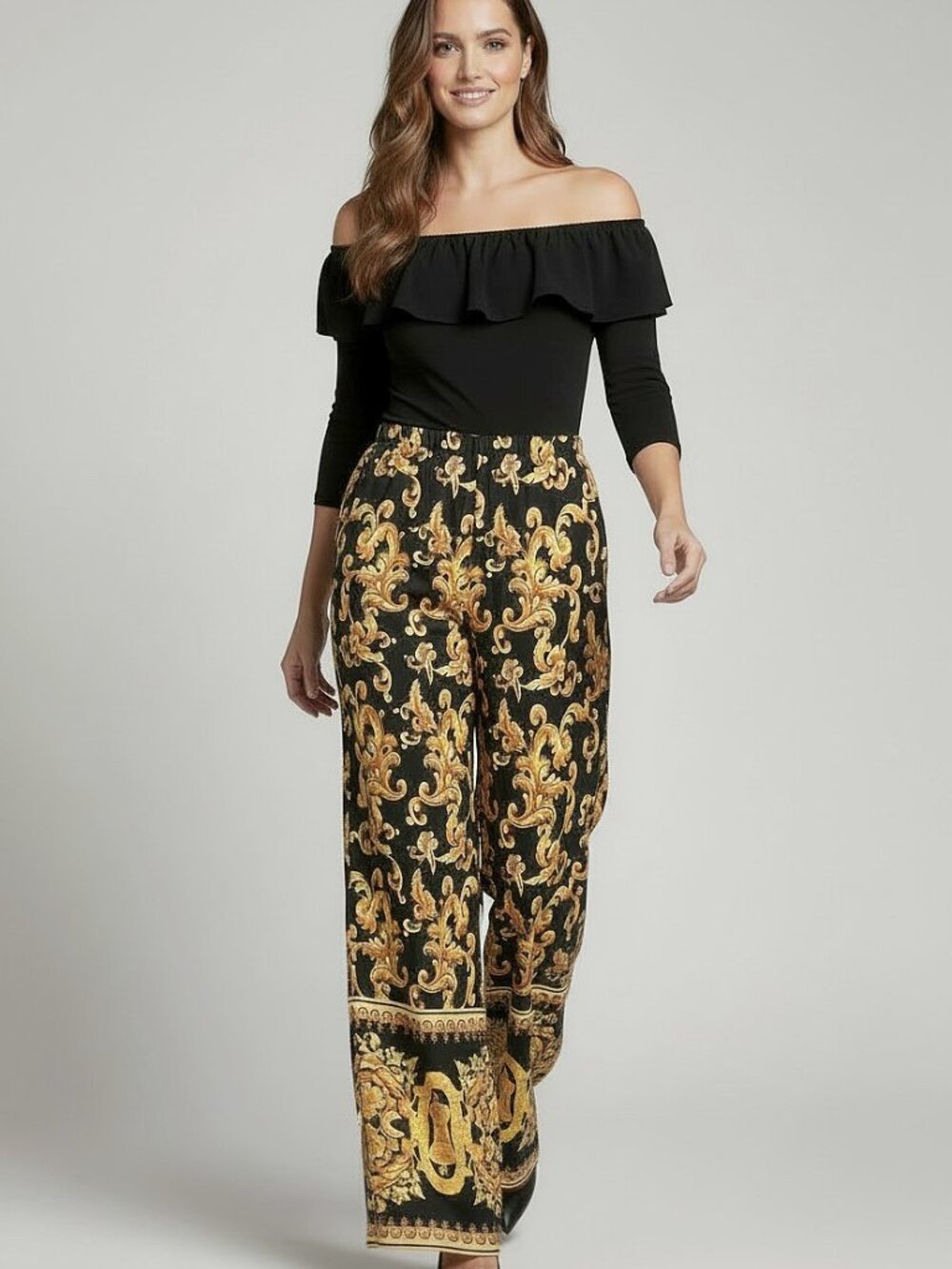 Black Gold Baroque Off Shoulder Wide Leg Jumpsuit Ruffle Shoulders XL - Picture 2 of 7